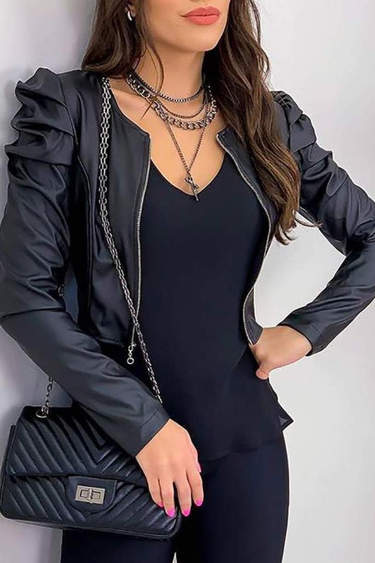 Chaqueta De Cuero Sintético Con Mangas Abullonadas