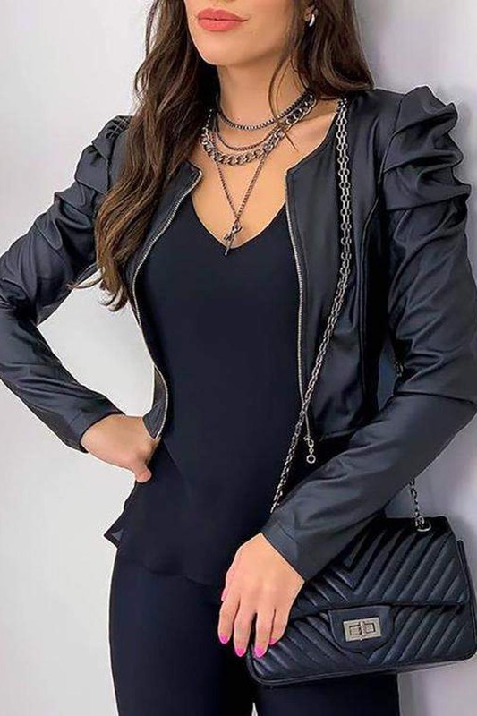 Chaqueta De Cuero Sintético Con Mangas Abullonadas