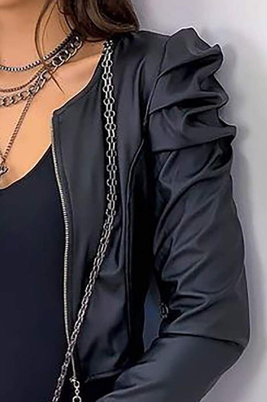 Chaqueta De Cuero Sintético Con Mangas Abullonadas