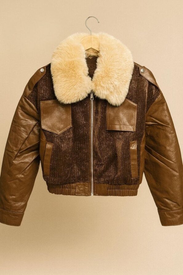 Chaqueta De Cuero Afelpada Cuello Peluche
