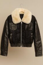 Chaqueta De Cuero Afelpada Cuello Peluche