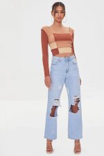 Blusa corto de punto acanalado con bloques de color