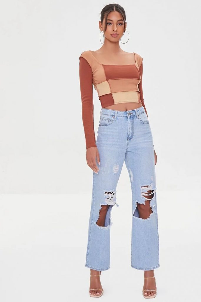 Blusa corto de punto acanalado con bloques de color